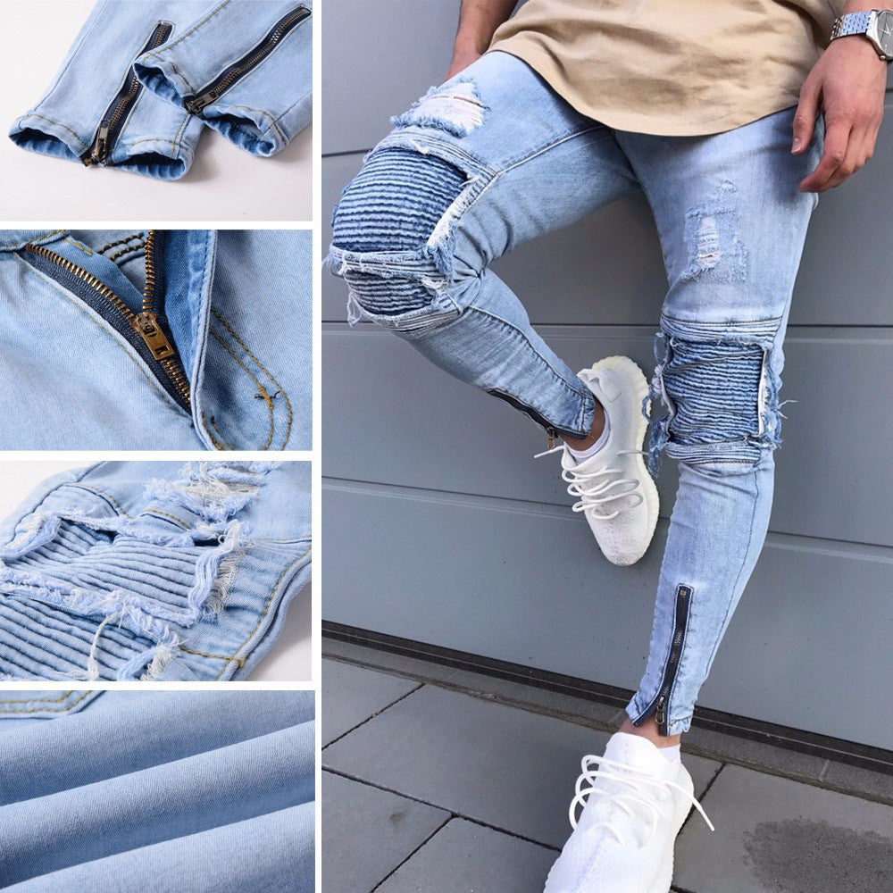 Men's Ripped Slim Fit Motorcycle Jeans